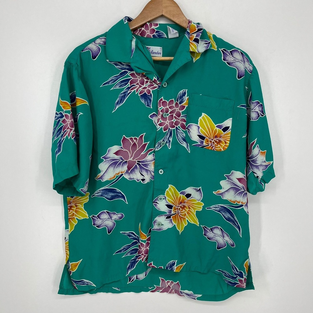 Islander Mens Large Teal Tropical Floral Rayon Short Sleeve Hawaiian Camp Shirt